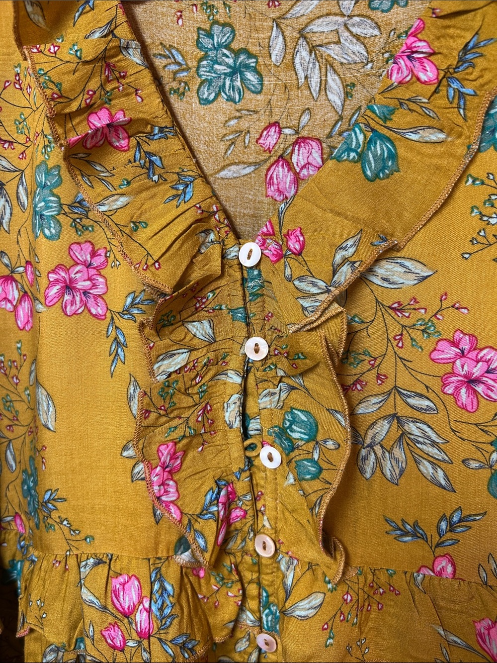 Floral Ruffle Button-Front Blouse - Mustard - Picture 2 of 4